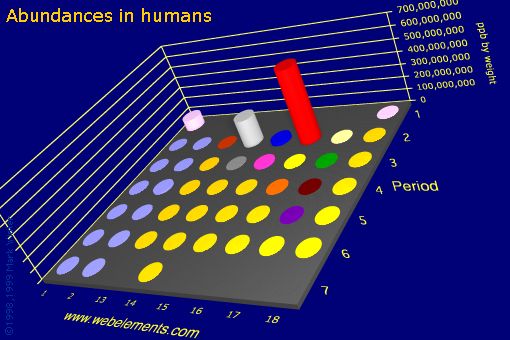 Image showing periodicity of abundances in humans (by weight) for the s and p block chemical elements.